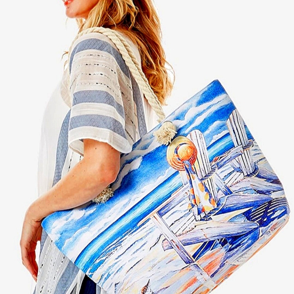 Canvas Beach Tote Bag with IMPRESSIONIST Beach Scene and Rope Handles